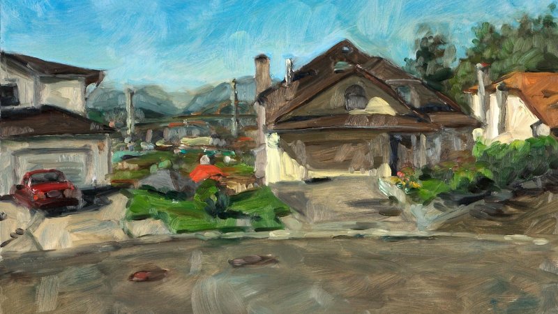 A painting of a suburban street during the daytime. There are three discernible houses with a bridge and mountains in the distance. The slight rounding on either side of the houses suggests there is a roundabout at this street or a dead end. The houses are in brown, grey colours. 