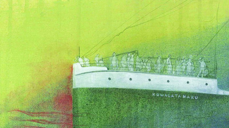 A ship called Komagata Maru can be seen with people standing on the deck. The sky is lime green with darker green shades. The people are outlined and shaded in white. There is the implication of red waves. 