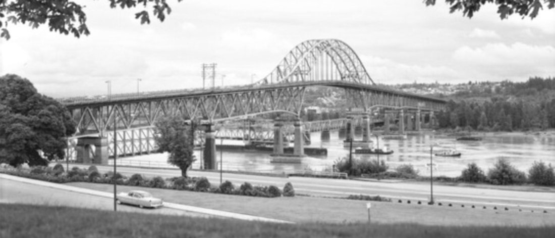 The Pattullo Bridge looking south from New Westminster towards Surrey, 1960s.