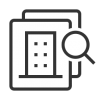 Icon of generic papers with a symbol of a building and a magnifying glass