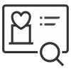 icon with a heart symbol, list and magnifying glass