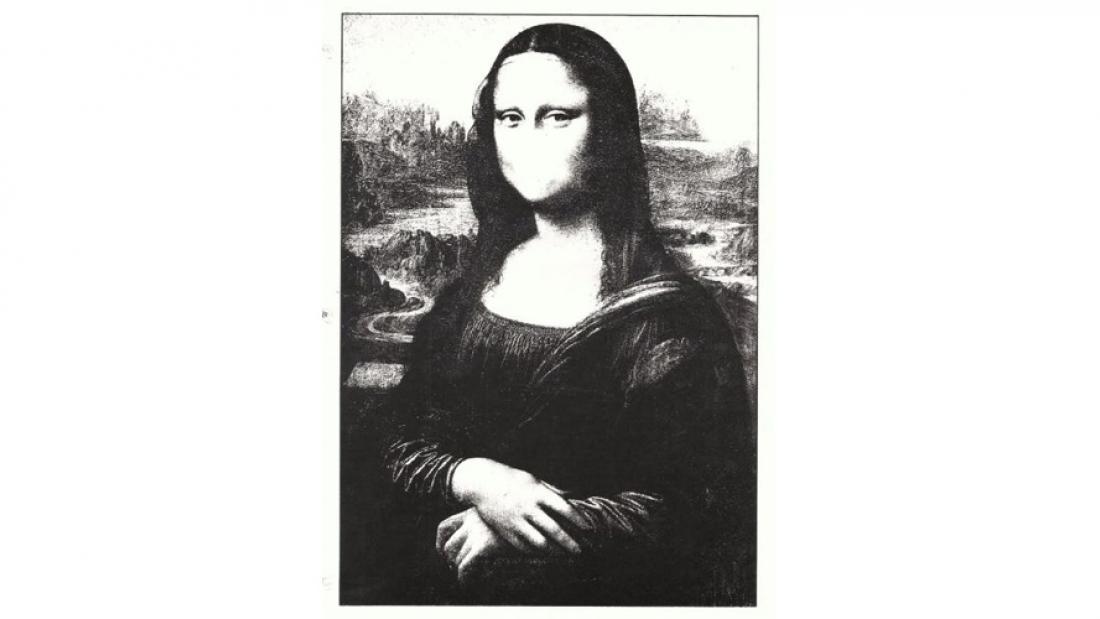 Ed Varney, Mona Lisa art stamps, 1988, altered photocopy. Surrey Art Gallery permanent collection.