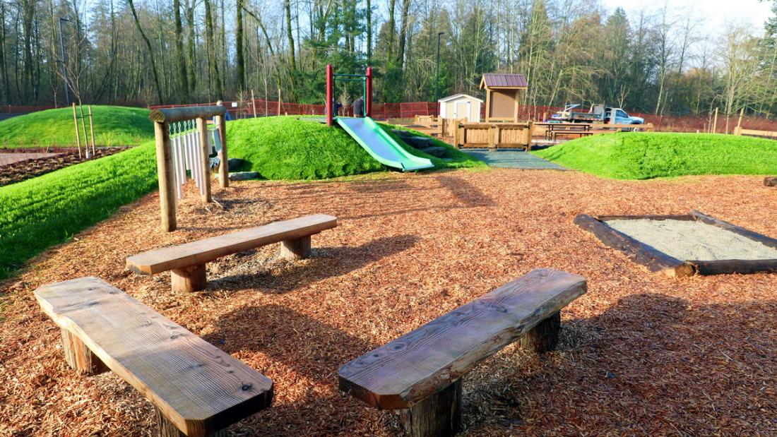 Playground with wood chips and wooden benches