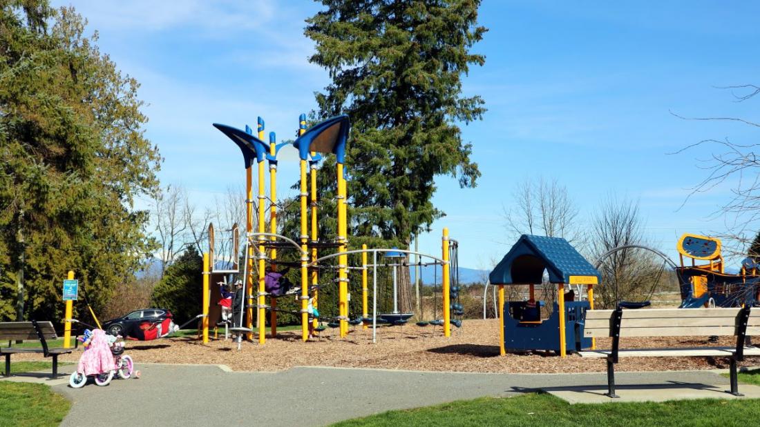 Yellow and navy blue playground equipment