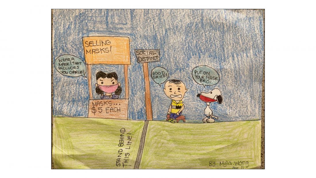 Drawing of snoopy-inspired image with girl selling face masks.