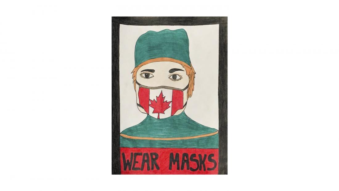 Drawing of person wearing face mask with Canada flag.