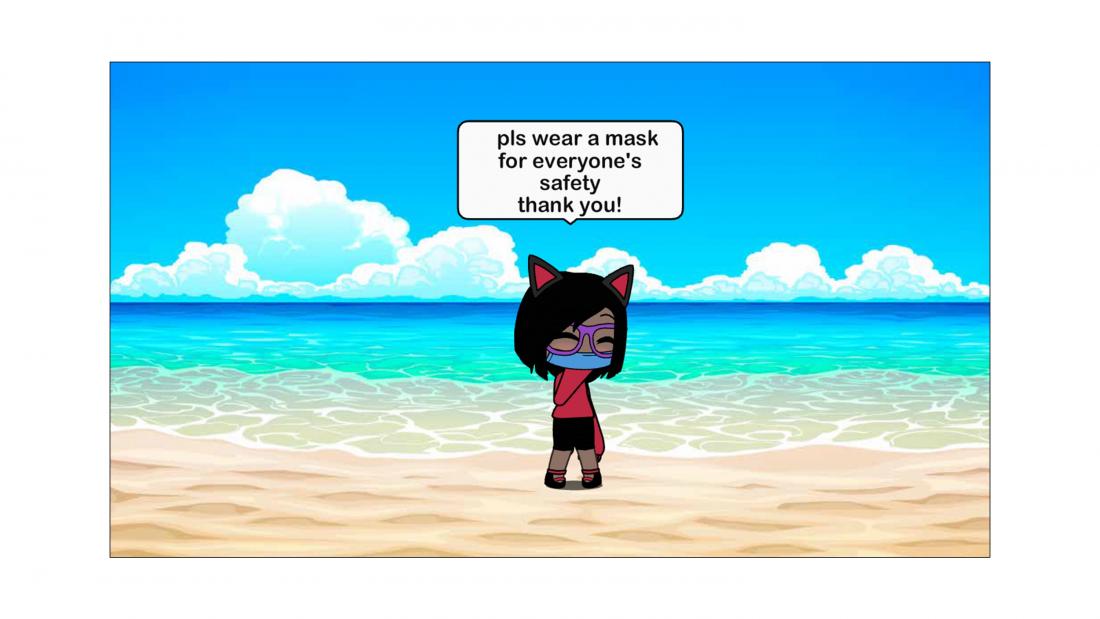 Cartoon cat-kid saying to please wear a mask for safety.