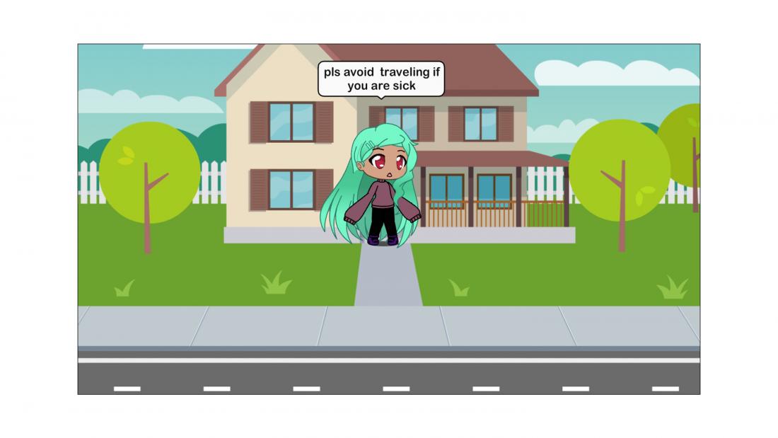 Cartoon person with long green hair saying avoid travelling when sick.