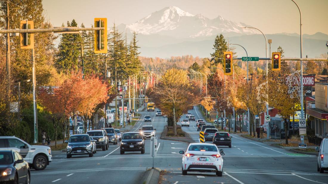 A view of Mt Baker and cars on the street