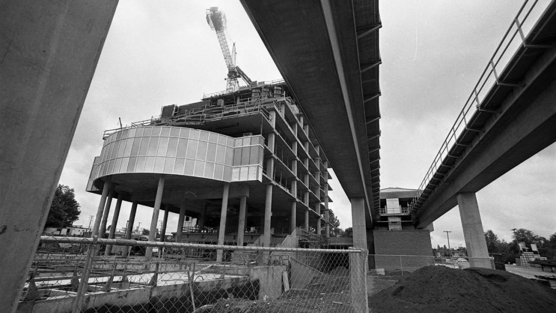 Image of Gateway Station Tower under construction, 1993. Surrey Leader Photograph Collection, 2017.0022.93-428.23. Note: located at 13401 108 Avenue. Opened in 1994.
