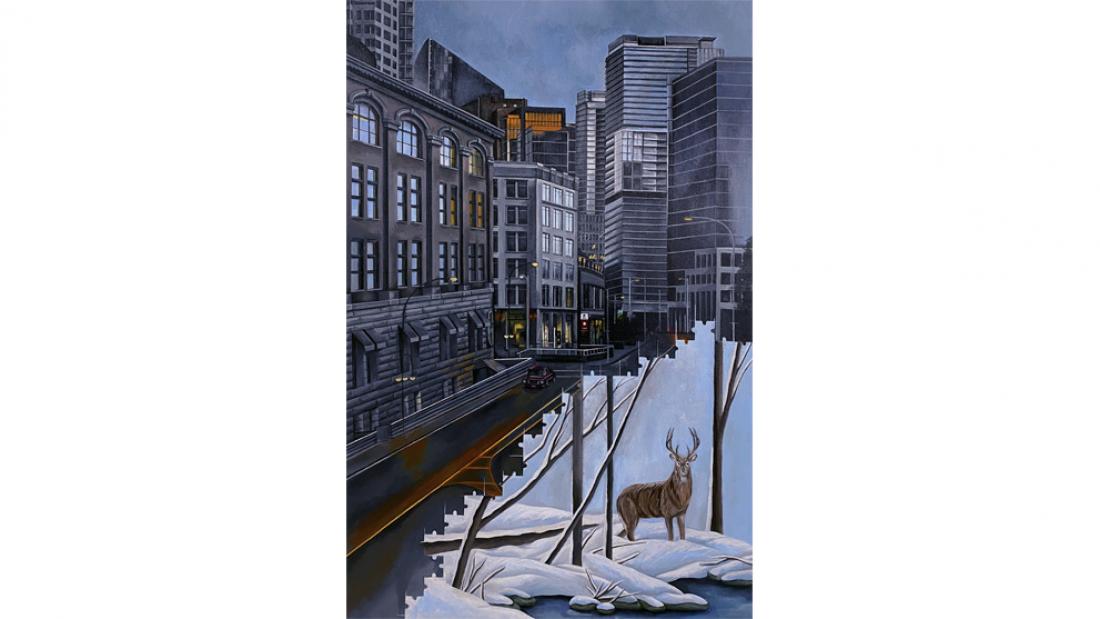 Vertical painting of a cityscape on one diagonally cut by a jigsaw-puzzle edge with a deer in a snowy woodland on other half.