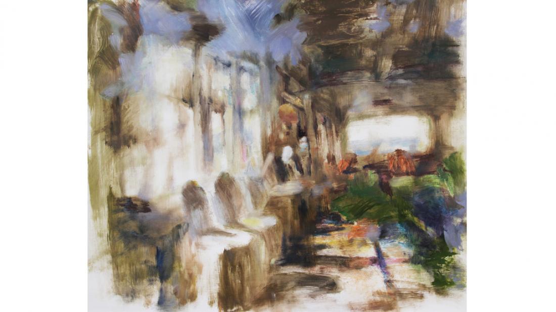 Blurry, impressionistic painting of a sunny room with a large window with chairs and plants inside.