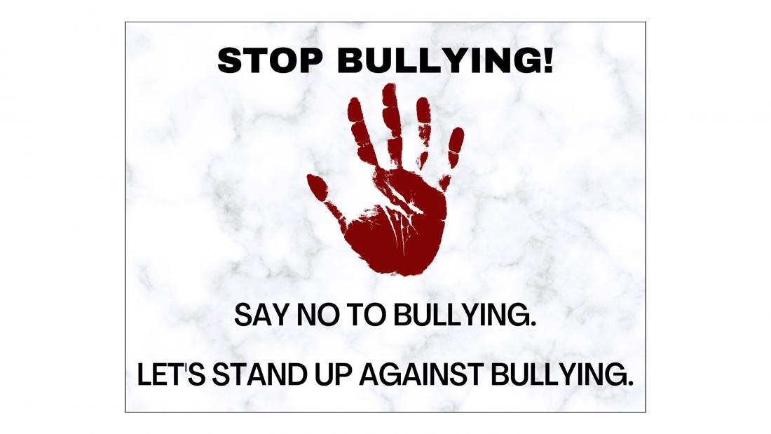 Digital poster with red hand print and title "stop bullying"