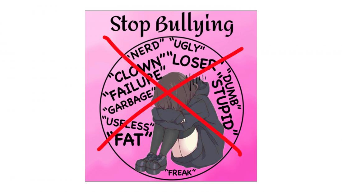 Image of person surrounded by insults with title "Stop Bullying"