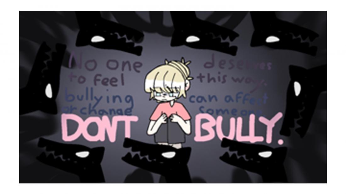 Digital image of person sitting with the title "Don't Bully"