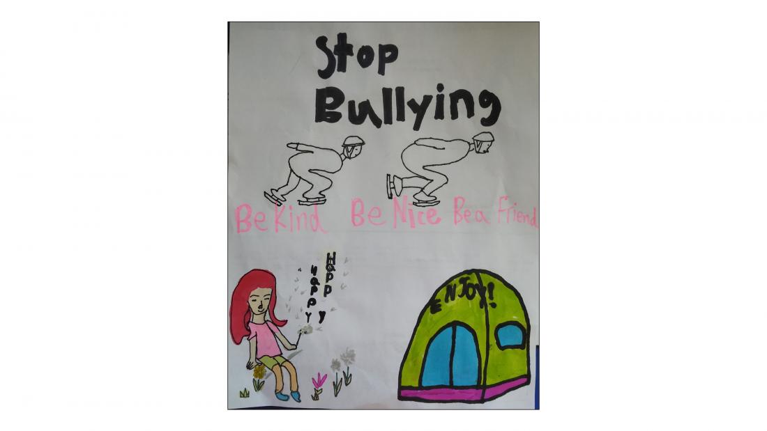 Drawing that states "Stop Bullying. Be Kind. Be Nice. Be a Friend."