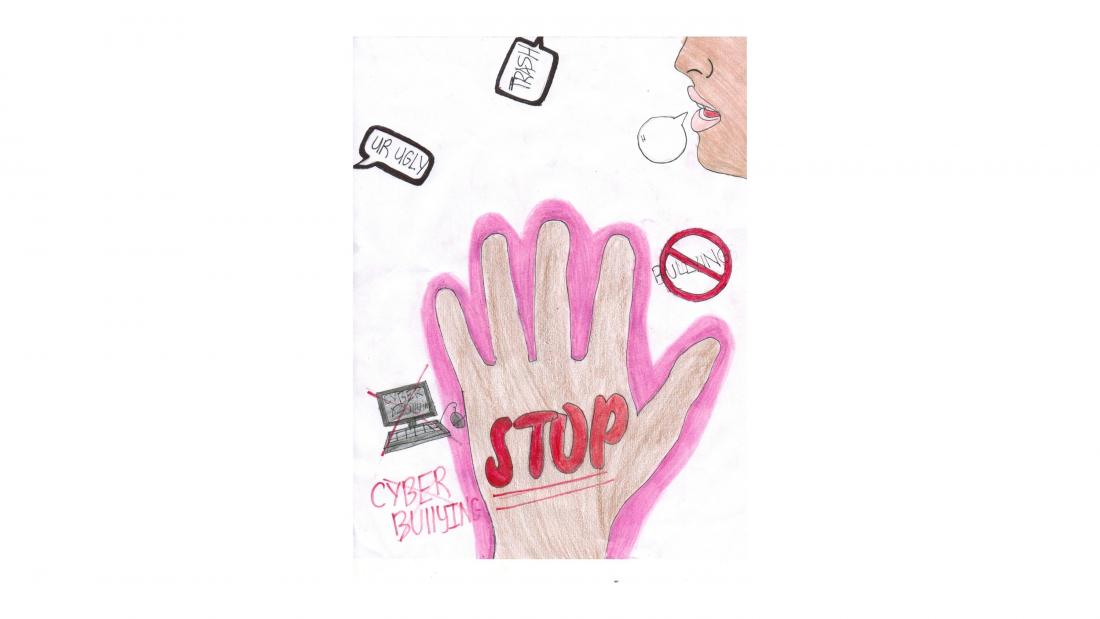 Drawing of hand with message to "stop cyberbullying"