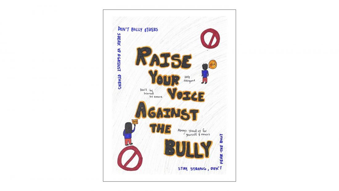 Drawing with message to "raise your voice against the bully"