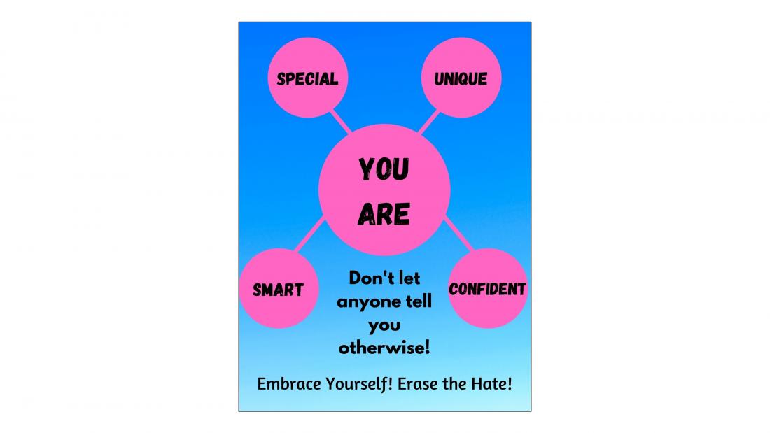 Digital poster encouraging "Embrace Yourself! Erase the Hate!"
