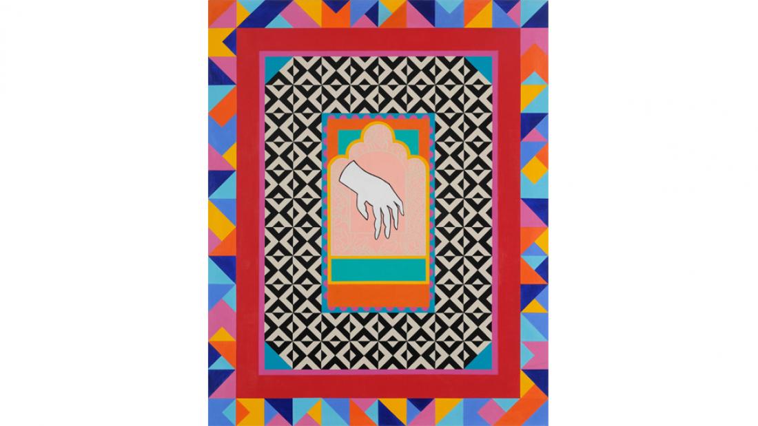 Painting of a white hand hanging from a cloud in the centre, framed by geometric designs.