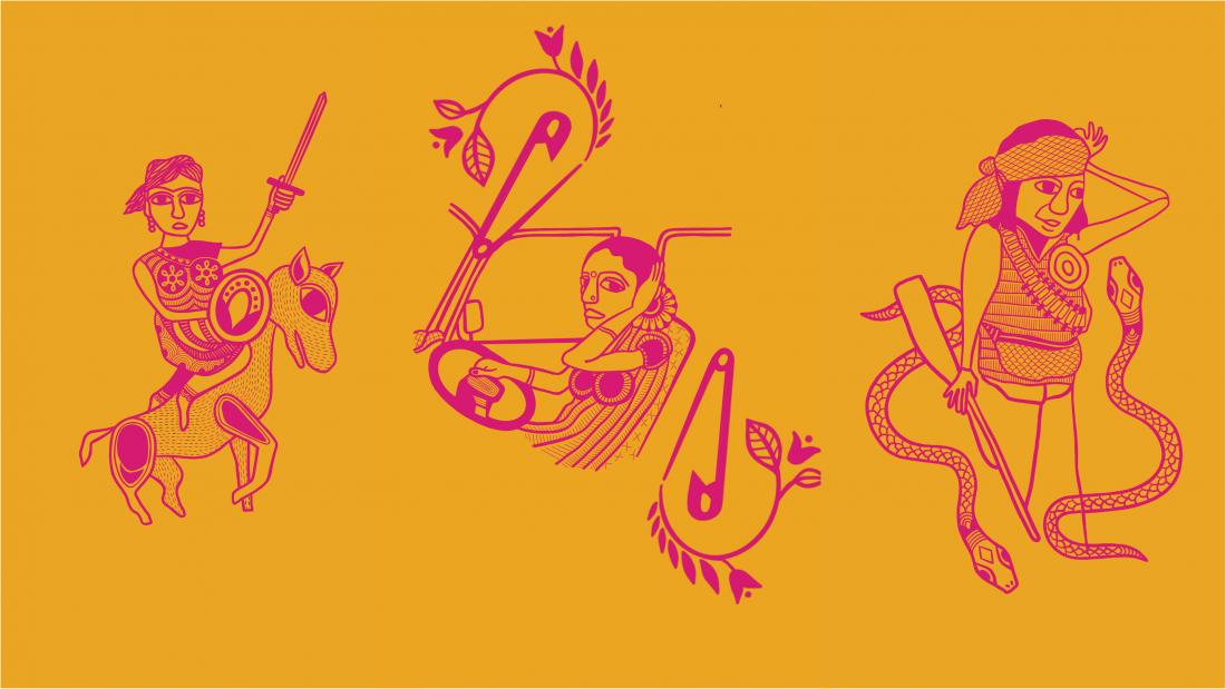 3 pink illustrations on gold background of South Asian women, from left to right: Laxmi Bai on a horse carrying a sword; Selvi driving a taxi; and Phoolan Devi, a bandit queen