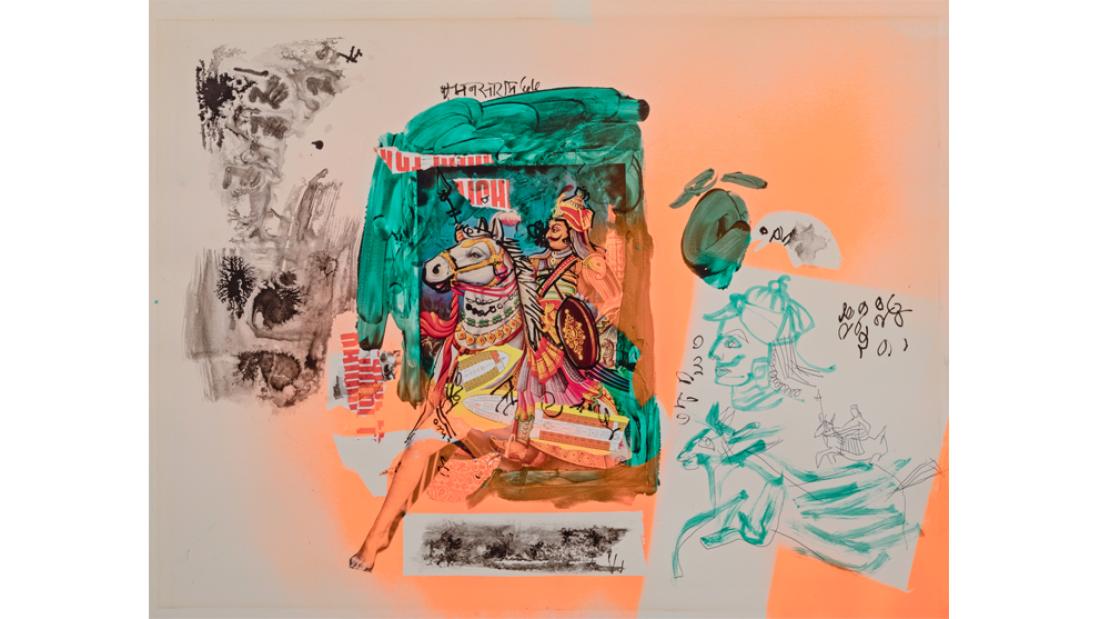 Collage featuring turquoises and oranges and a charging figure on horseback.