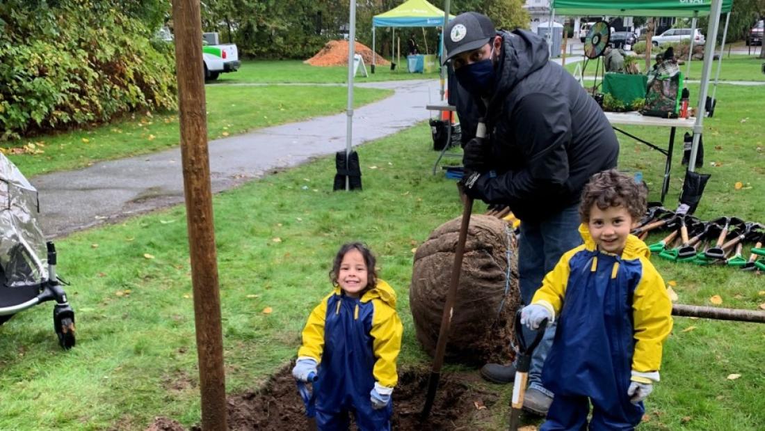two kids helping dig hole for large tree
