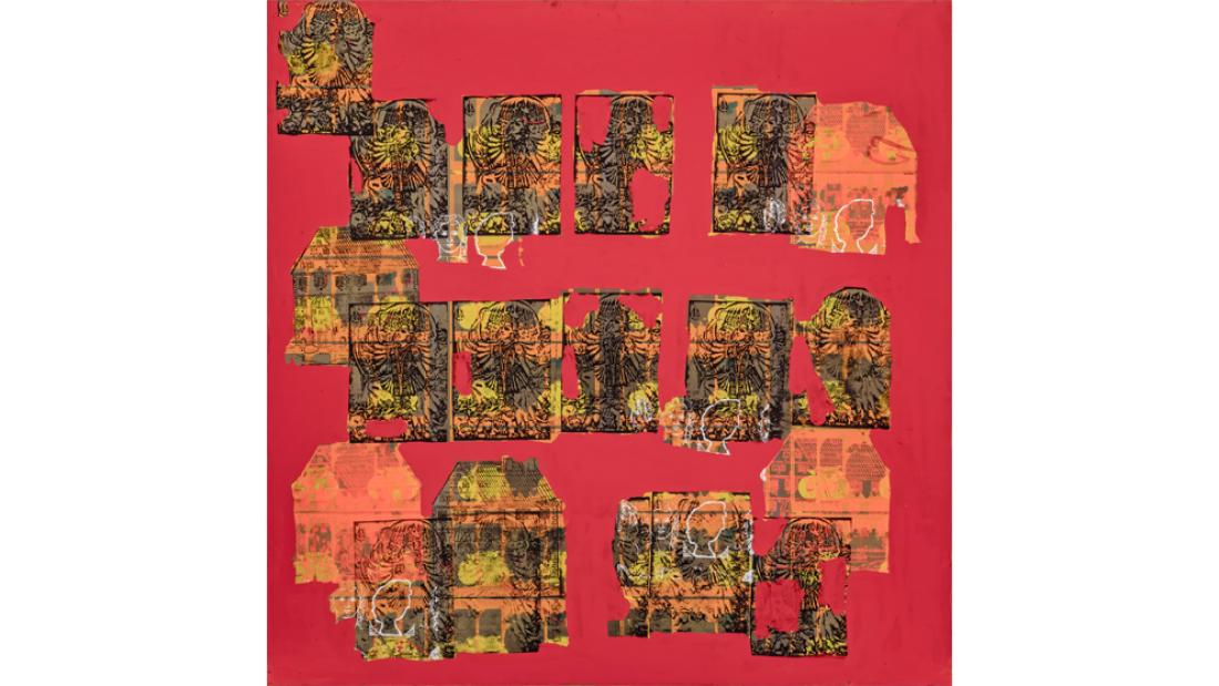 Square screen print with red background and repeated image multiplied several times.