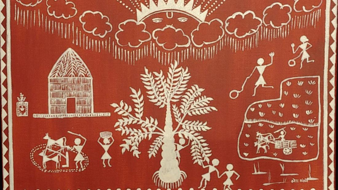 Tribal art painting from India with silhouetted white figures and objects on red background. 