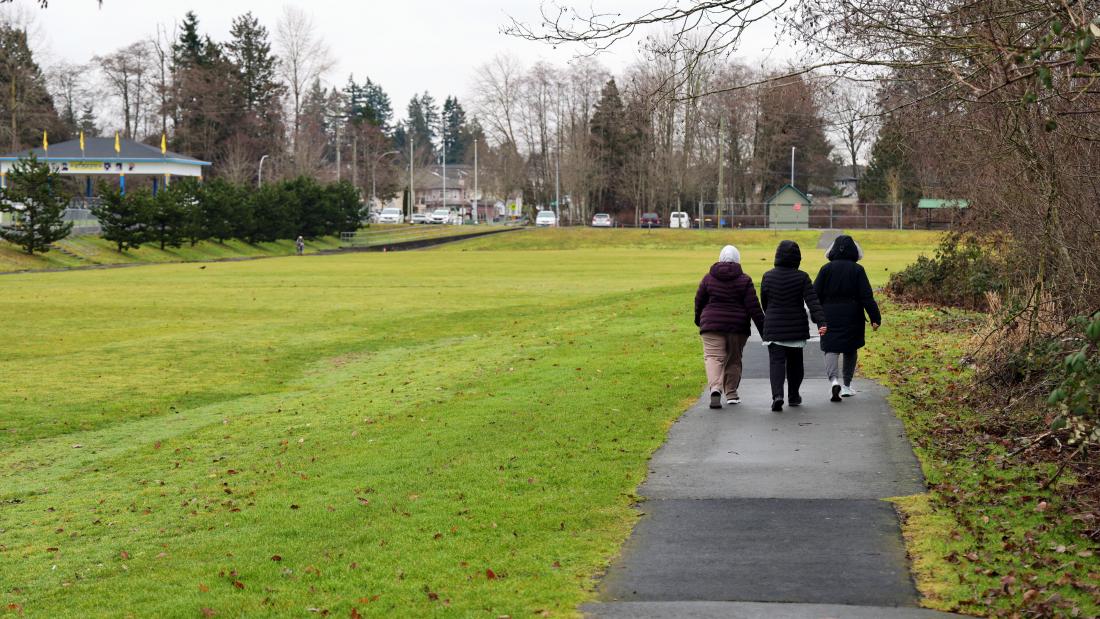 Three people walking on paved path beside open lawn