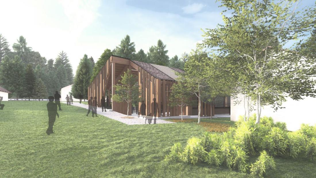 Render of South Surrey Indigenous Carving Centre Render - large timber building