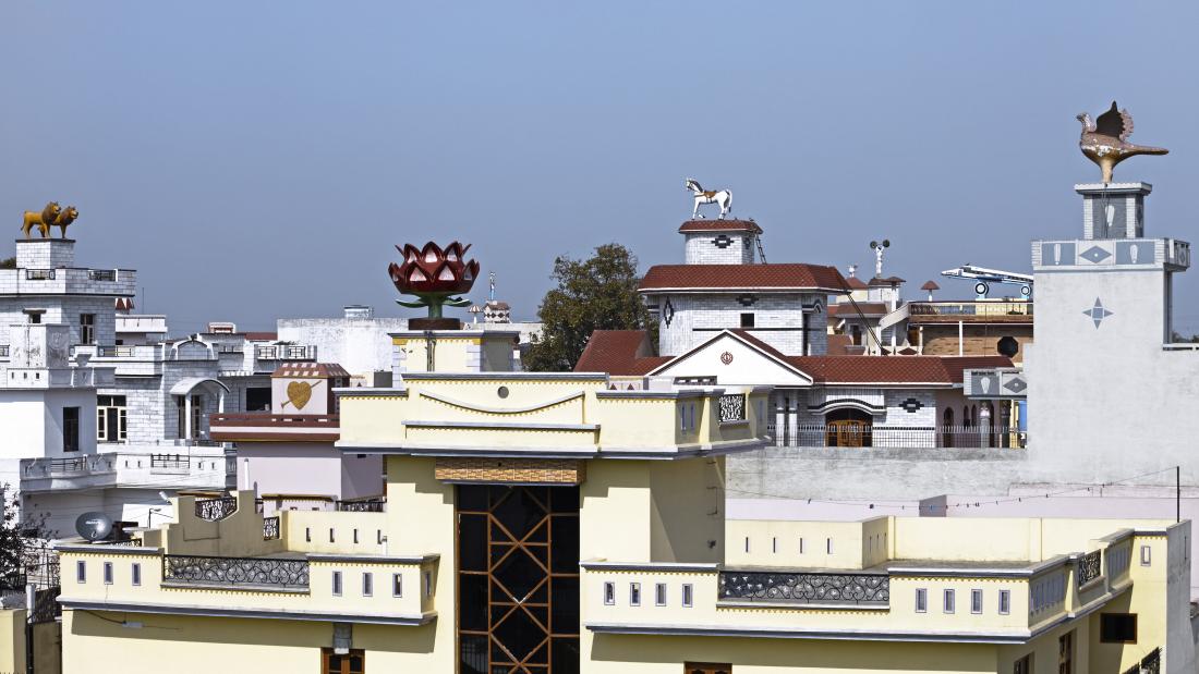 Photograph of various rooftop sculptures on houses in India's Punjab.