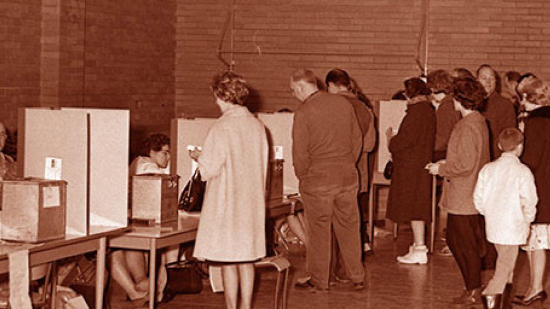 Voting process in Whalley Legion Hall in the Federal Election in 1965