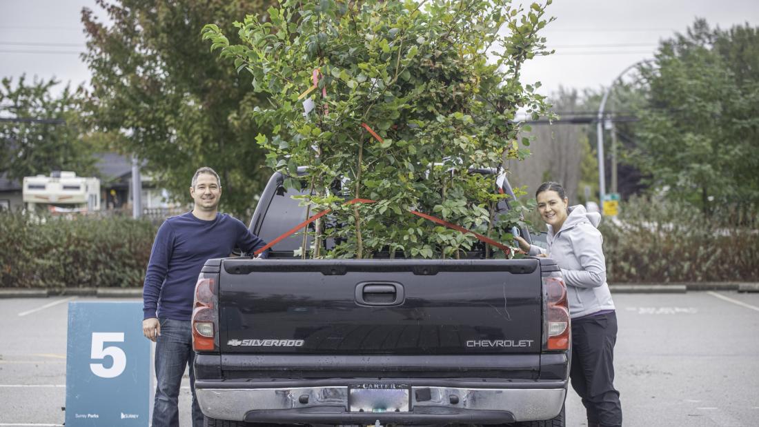 Two people next to a truck with trees in it.