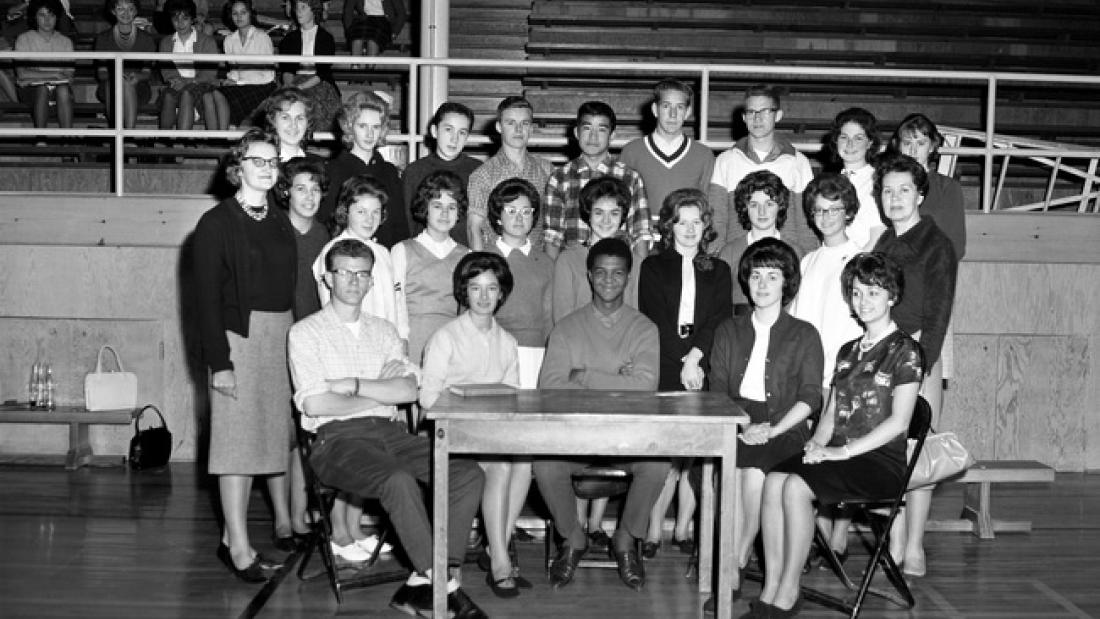 black and white photo of high school club. [North Surrey High School club], ca. 1960s