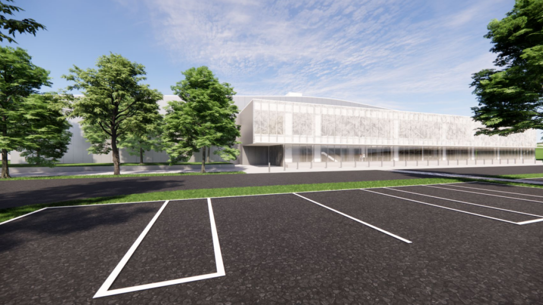 Render showing building exterior and parking lot