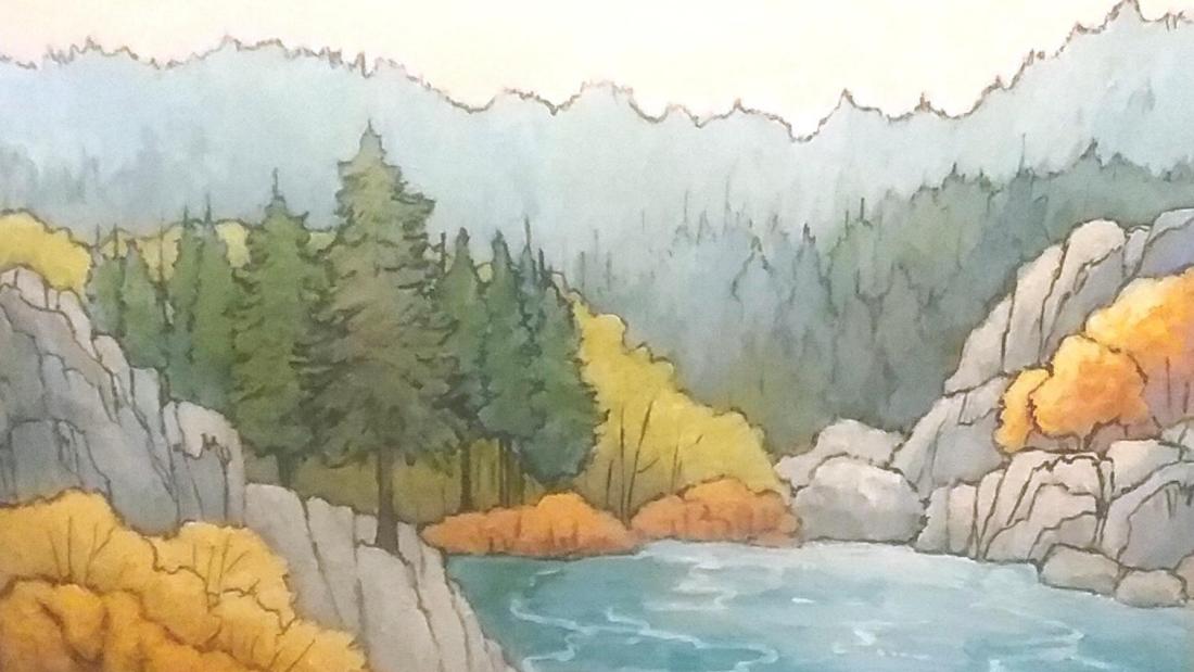 Scenic landscape painting of trees, mountain, and lake.