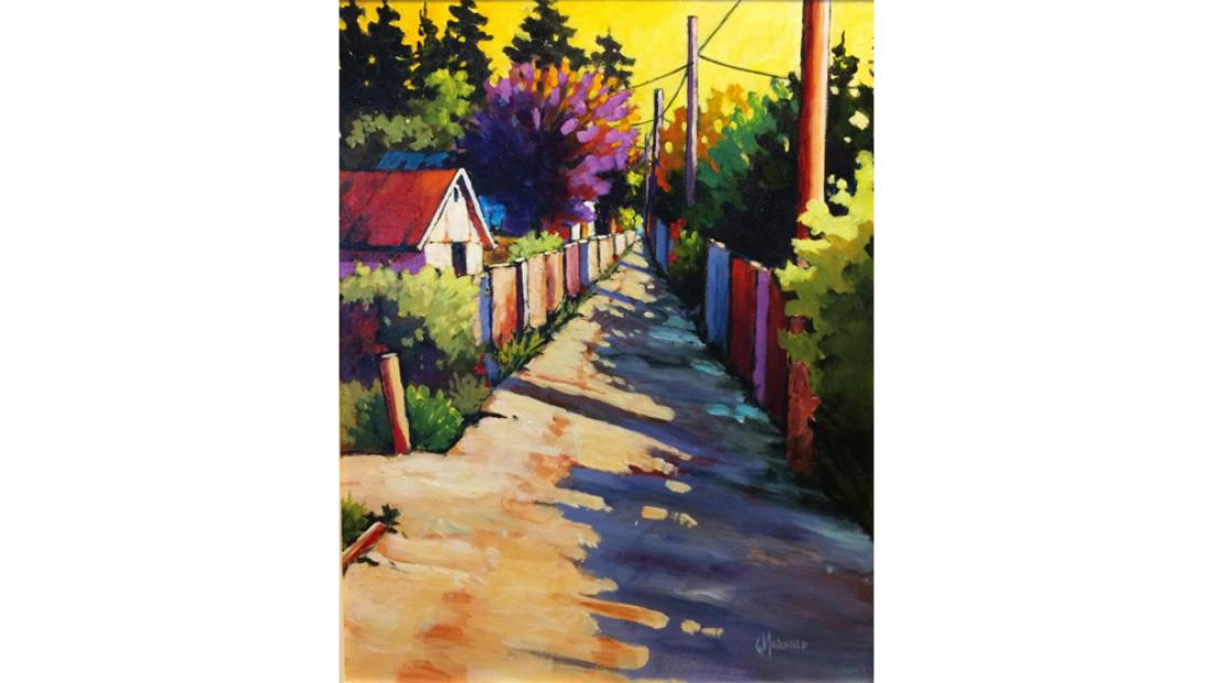 Colourful, summery painting of a dirt laneway with houses and trees on either side.