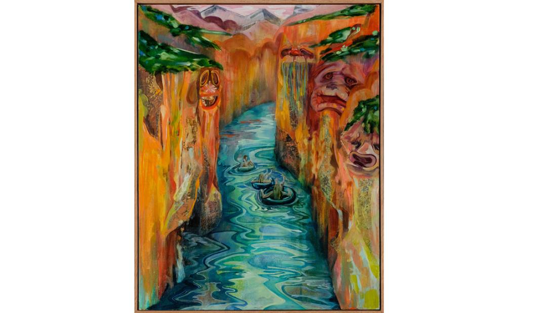 Painting of a blue-green river in the middle of two towering orange cliffs.