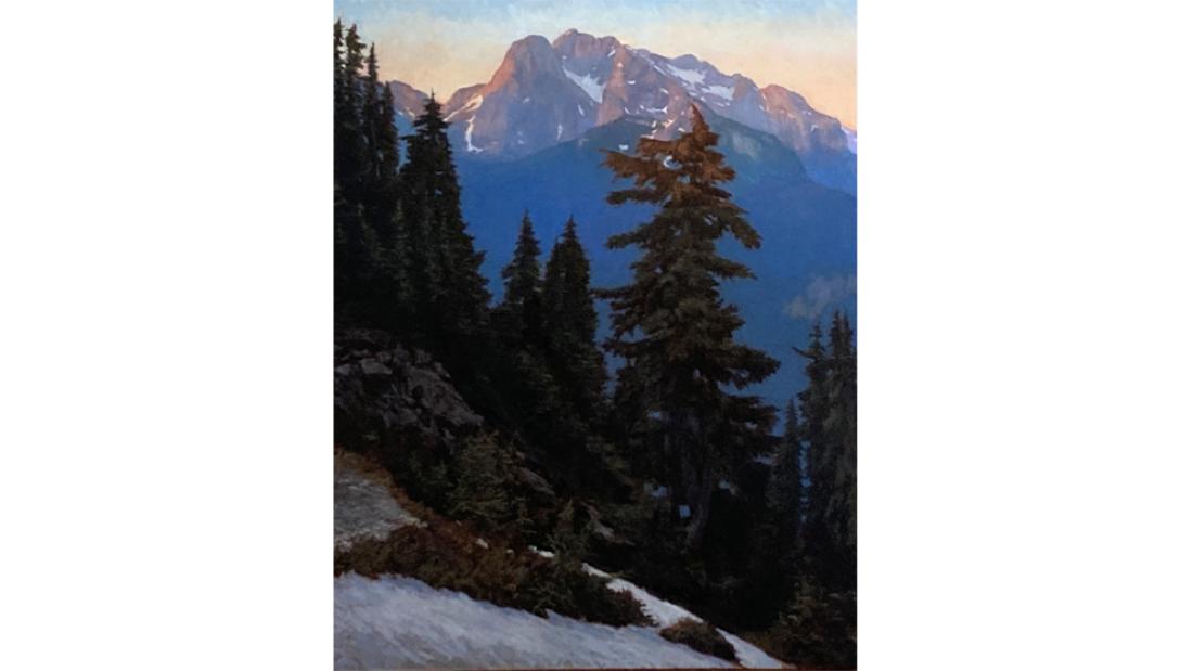 Painting of a snowy mountain with trees in the foreground on a slope.