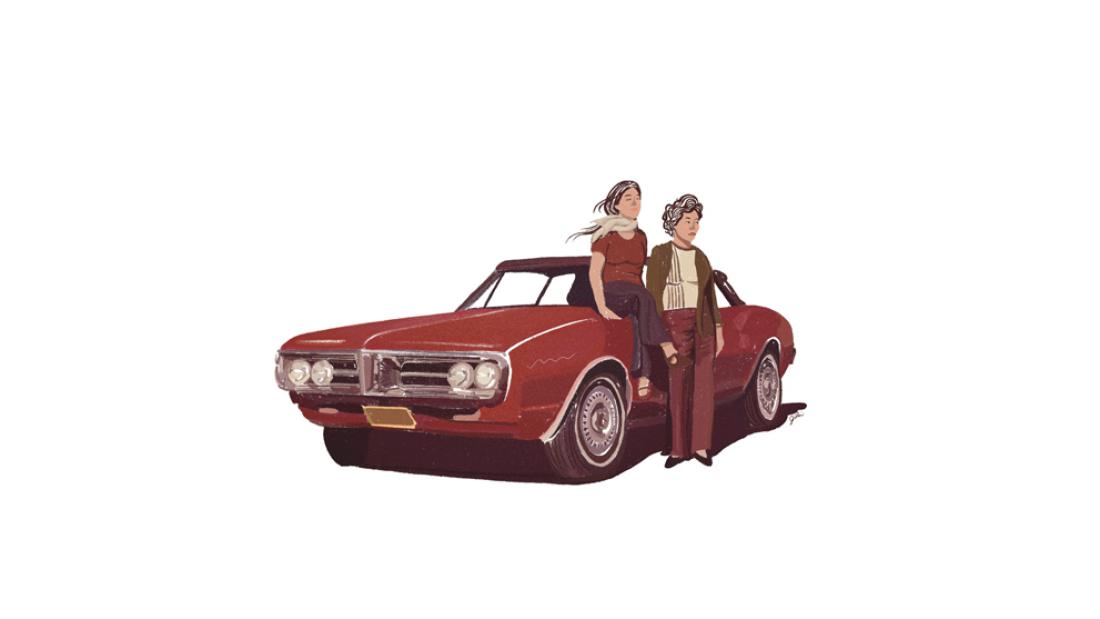 Illustration of two women against a red car - one standing near it and one sitting on hood.