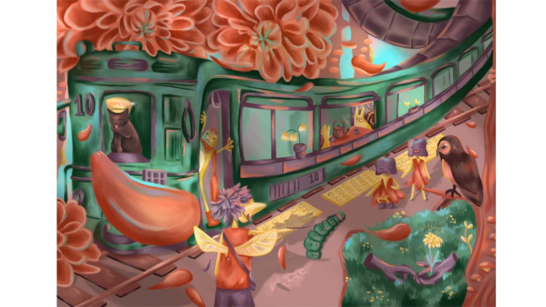 Surrealistic painting in pinks, oranges, greens, and purples of a subway car filled with animals and abstract creatures, surrounded by blooming flowers.