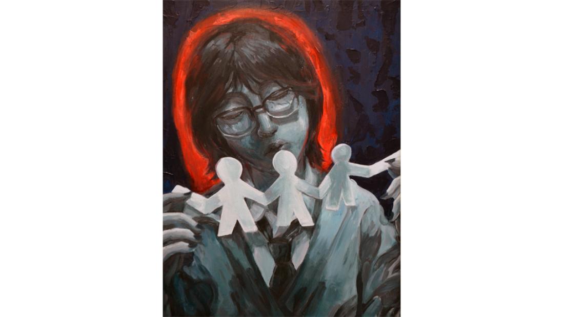 Painting of a person holding a string of paper cut-outs of the human figure.