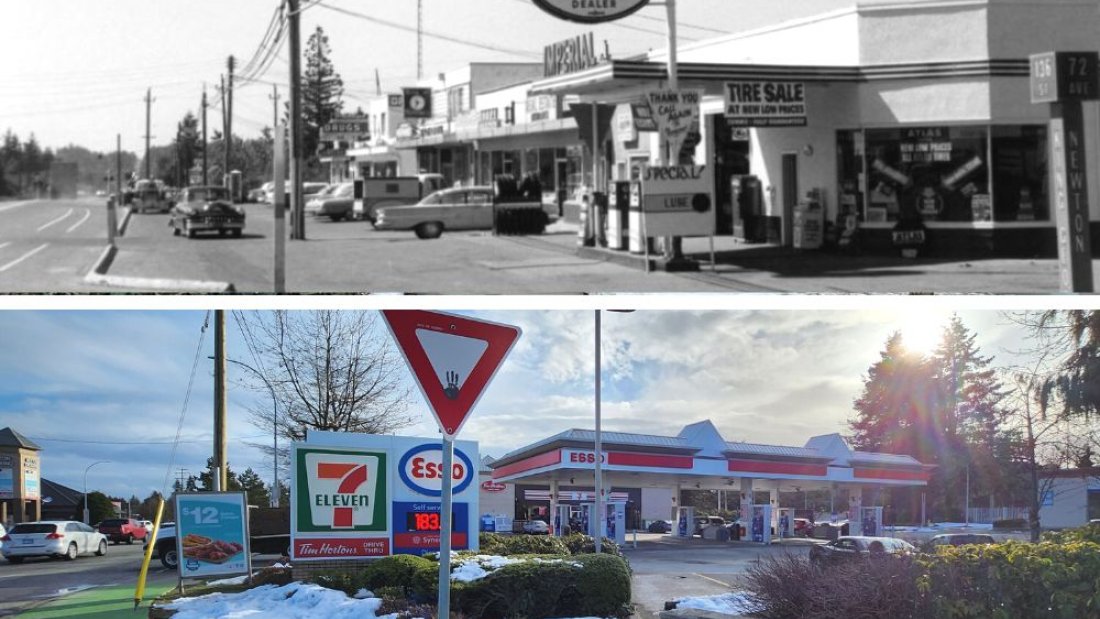 A local Esso station pictured in 1962 and today