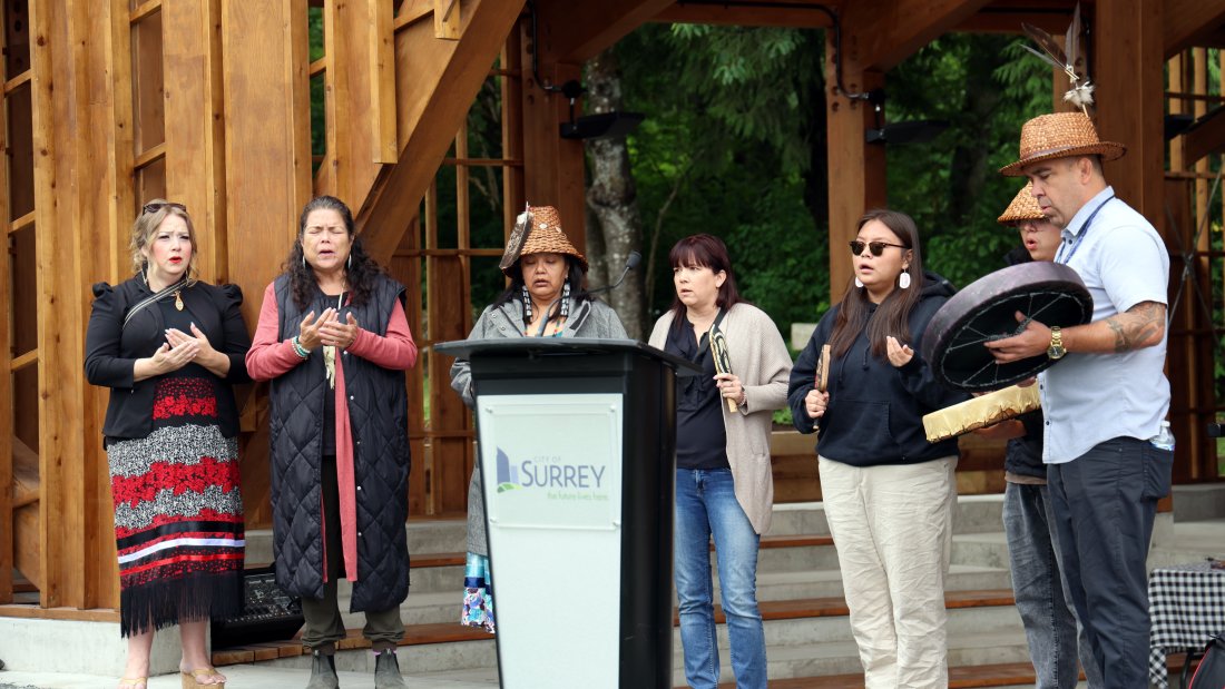 Chief Chappell, Chief Marilyn Gabriel and others sharing songs at the opening..