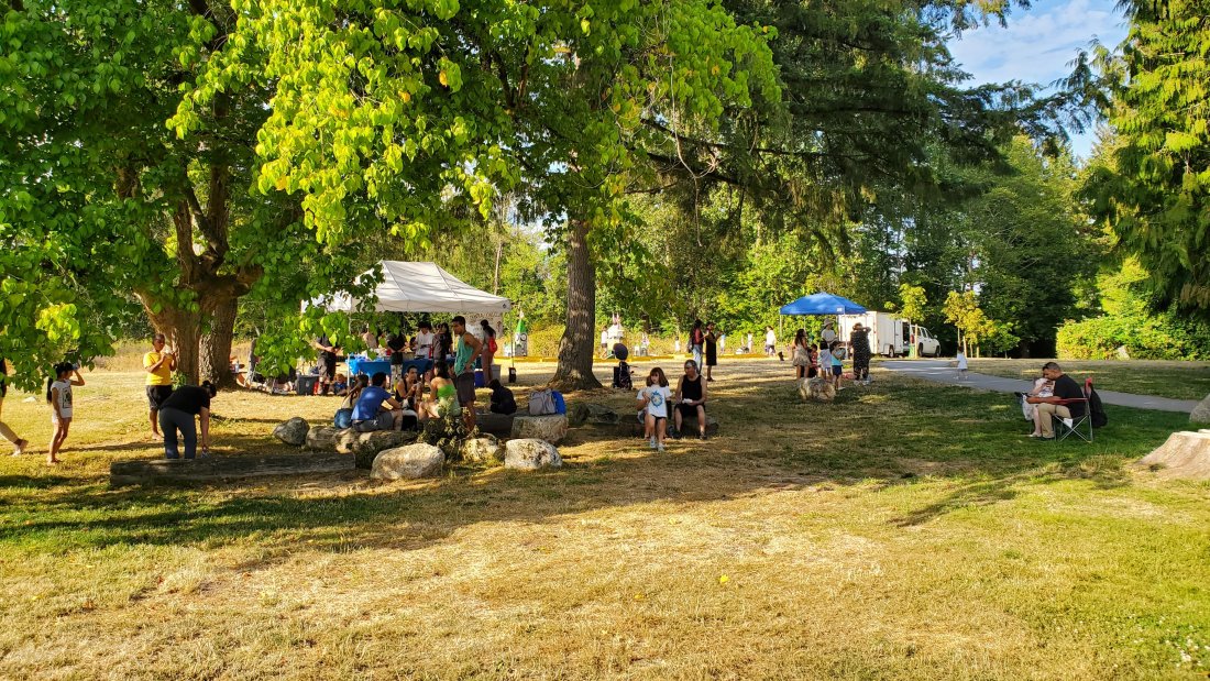 a collection of tent and people at a community picnic