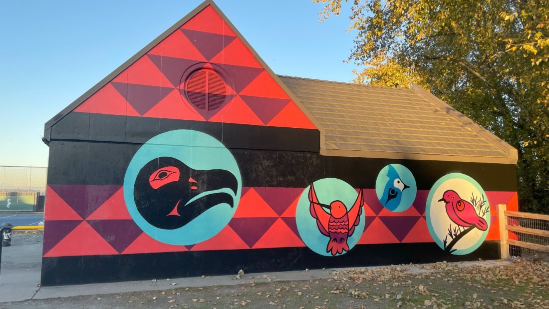 The mural at Black Spit Park Washroom facility was designed by Semiahmoo artist, Roxanne Charles.