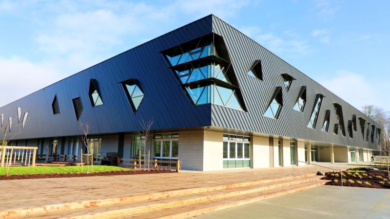 Exterior of a building with triangular windows and wooden steps