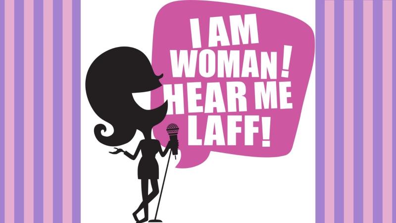 A cartoon image of a woman laughing and talking into her microphone