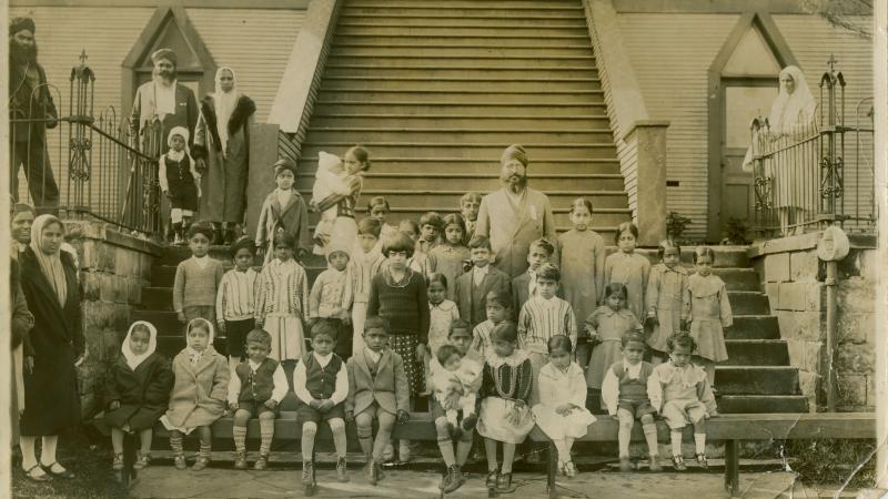 Group photo of children in front of the Vancouver 2nd Avenue Sikh Temple (19-). 